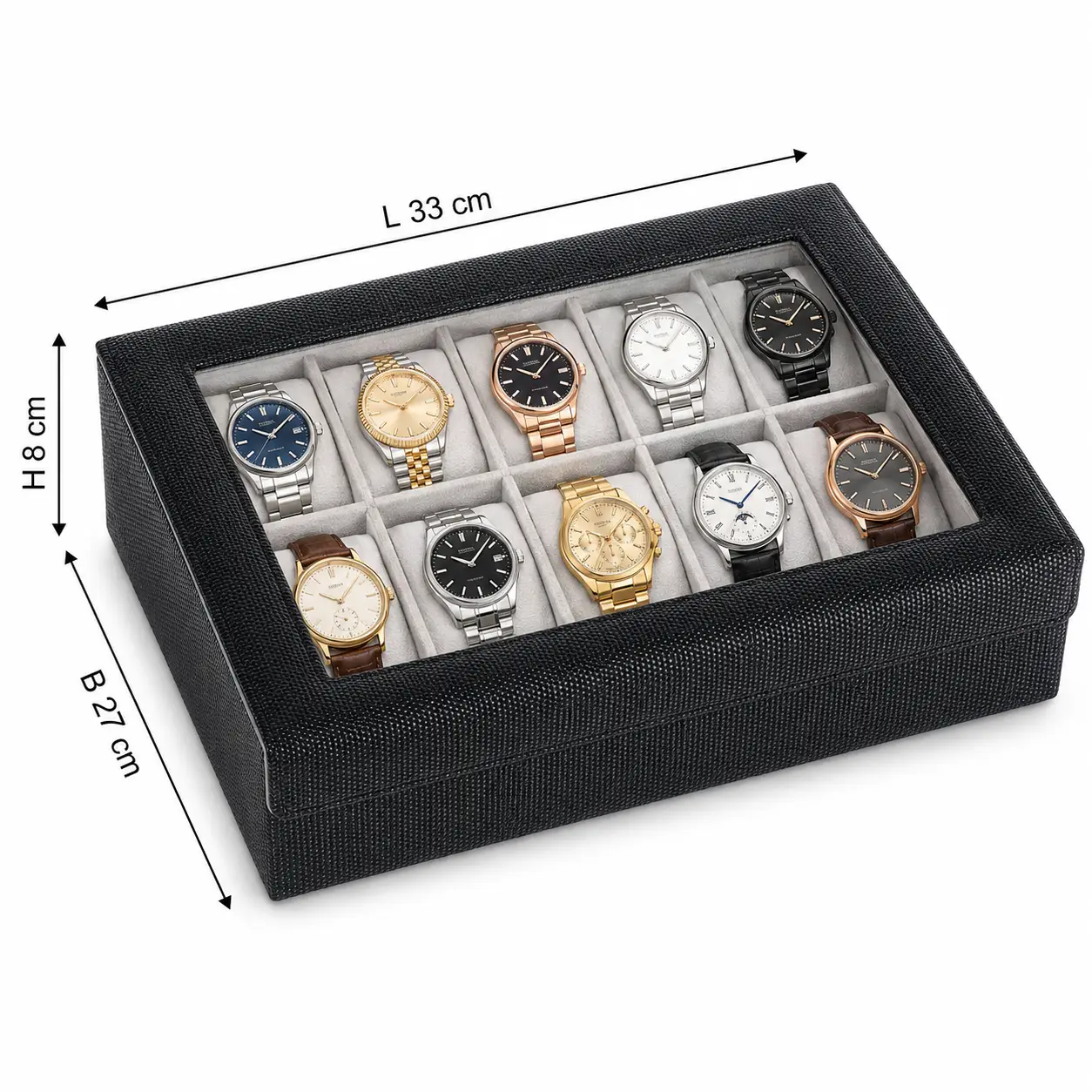 Black 10 Watch Display Box with soft grey cushions