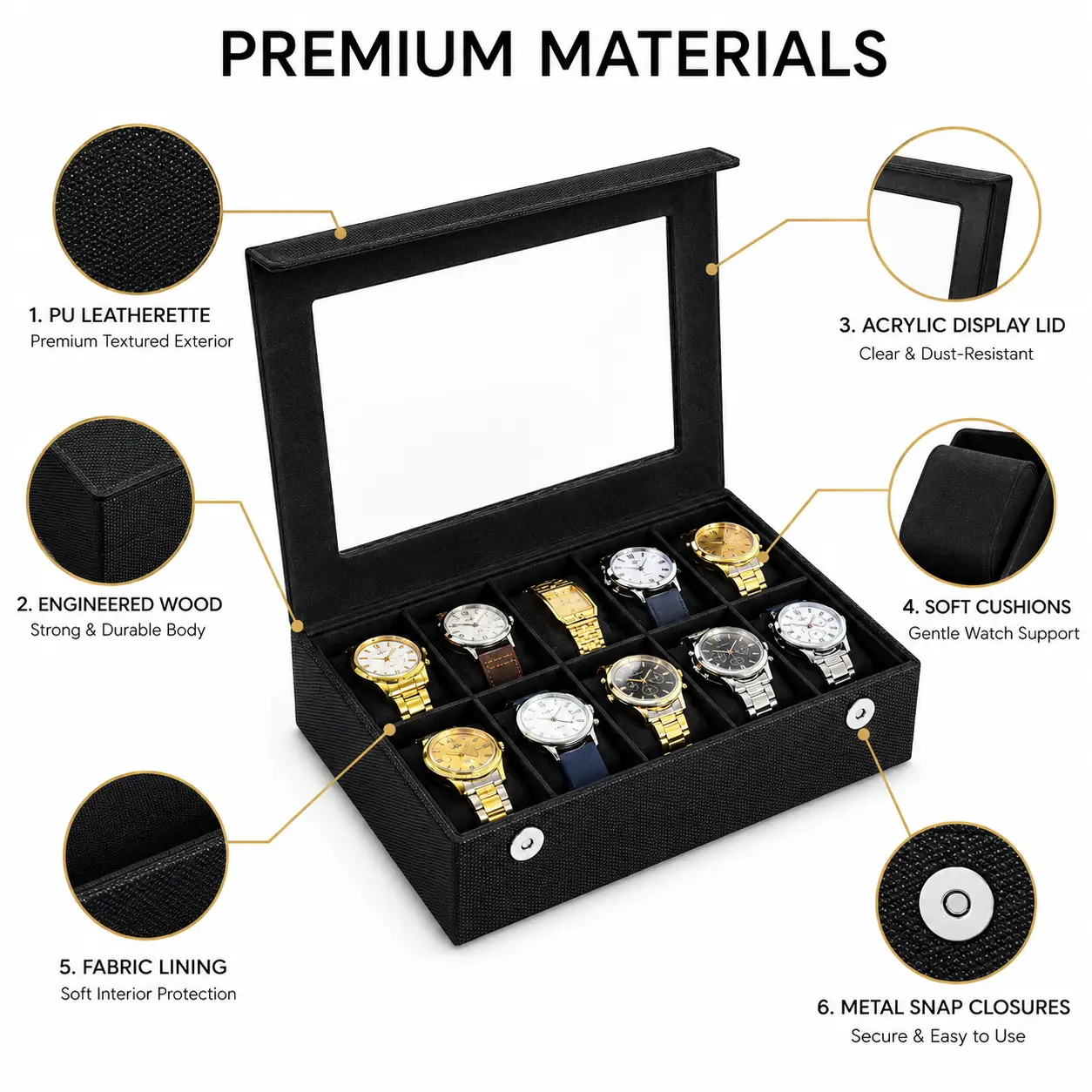 Stunning All Black 10 Slot Watch Case – Premium Display Box - Image 3