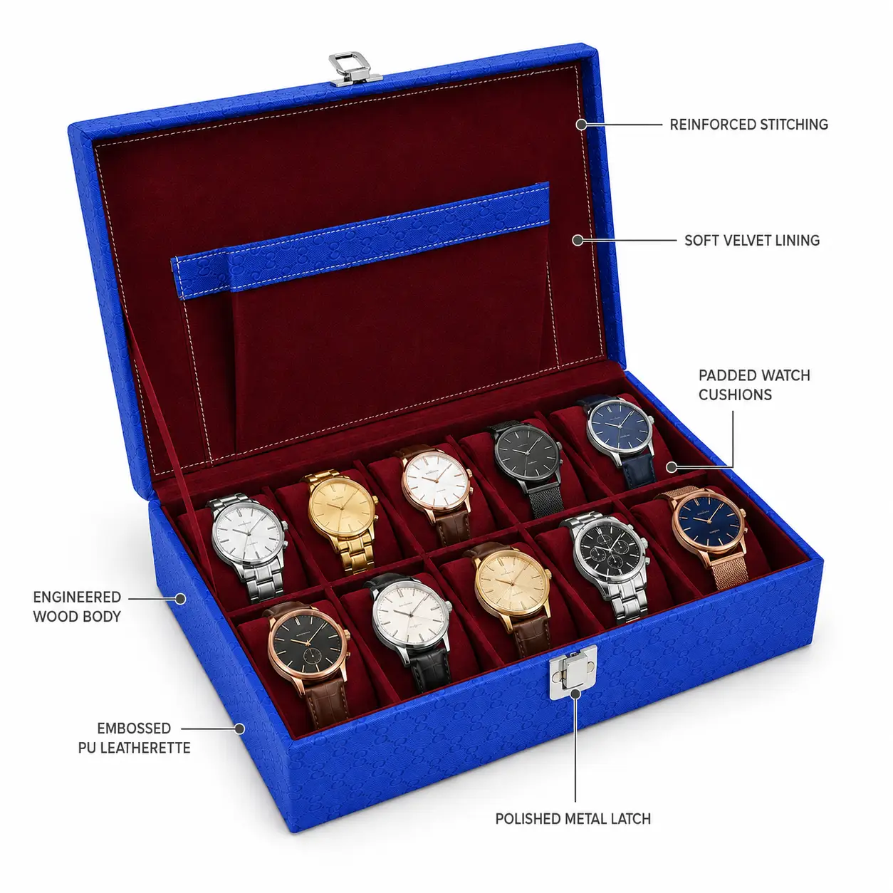 Premium Blue 10 Slot Watch Box Organizer – Stunning Luxury Storage Case - Image 4