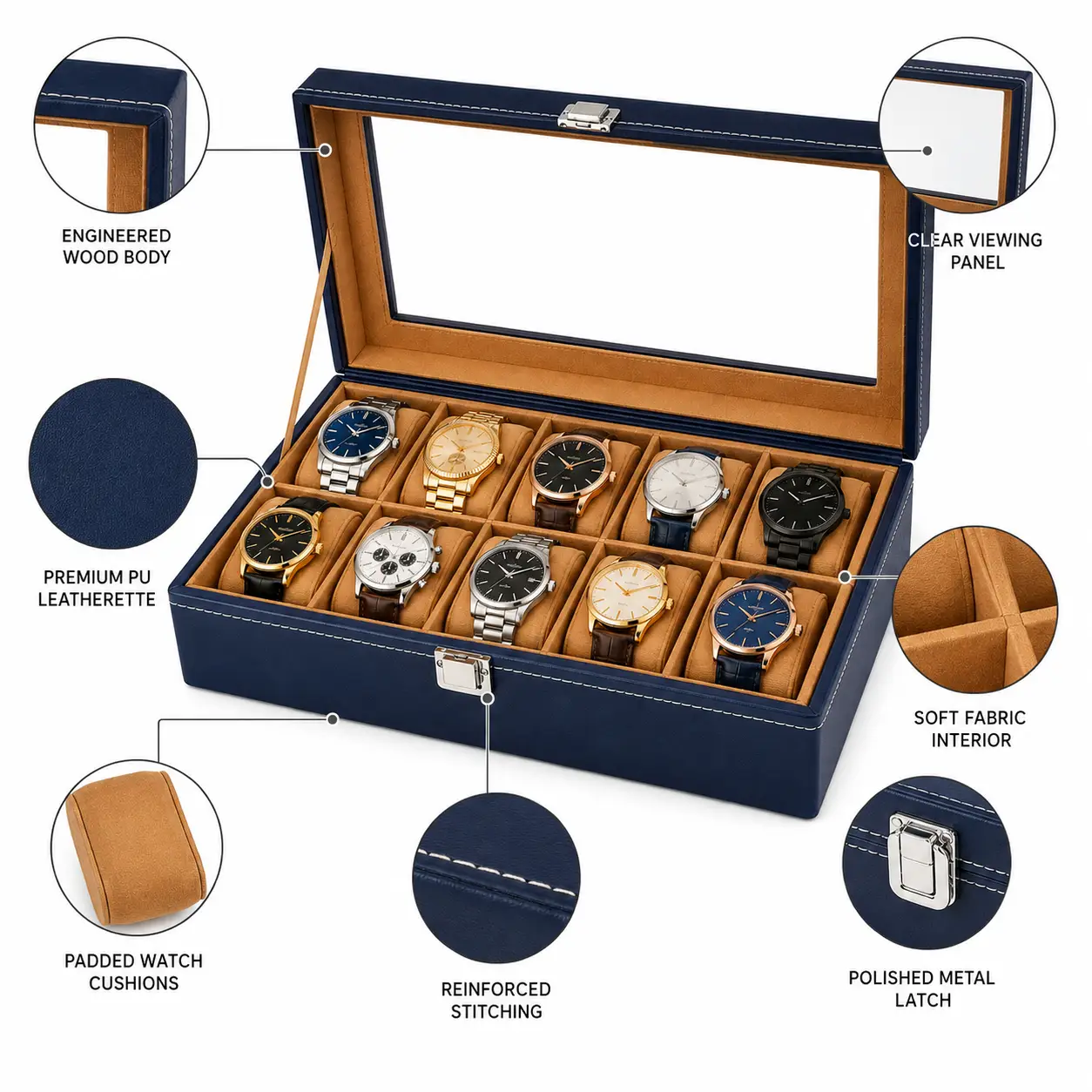 Stunning Navy Blue 10 Slot Watch Box – Premium Watch Organizer - Image 4