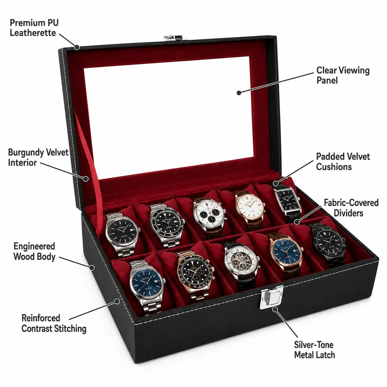 Stunning Black 10 Slot Watch Box with Burgundy Velvet Interior - Image 2