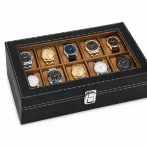 Black 10 Slot Watch Box Organizer with tan padded cushions