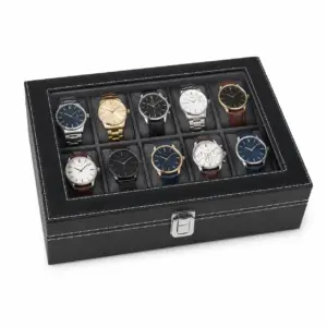 Black 10 Slot Watch Box with clear lid and dark-grey padded cushions