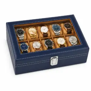 Navy Blue 10 Slot Watch Box with clear lid and padded cushions